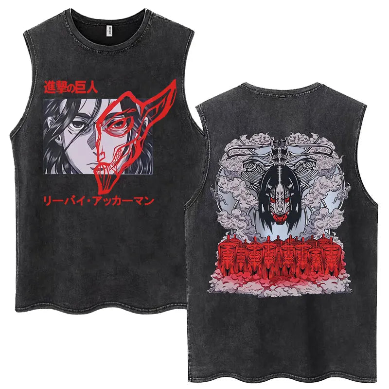 Washed Anime Attack on Titan Vintage Tank Tops Eren Yeager Shingeki No Kyojin Sleeveless T Shirt Men's Cotton Loose Y2k T Shirts