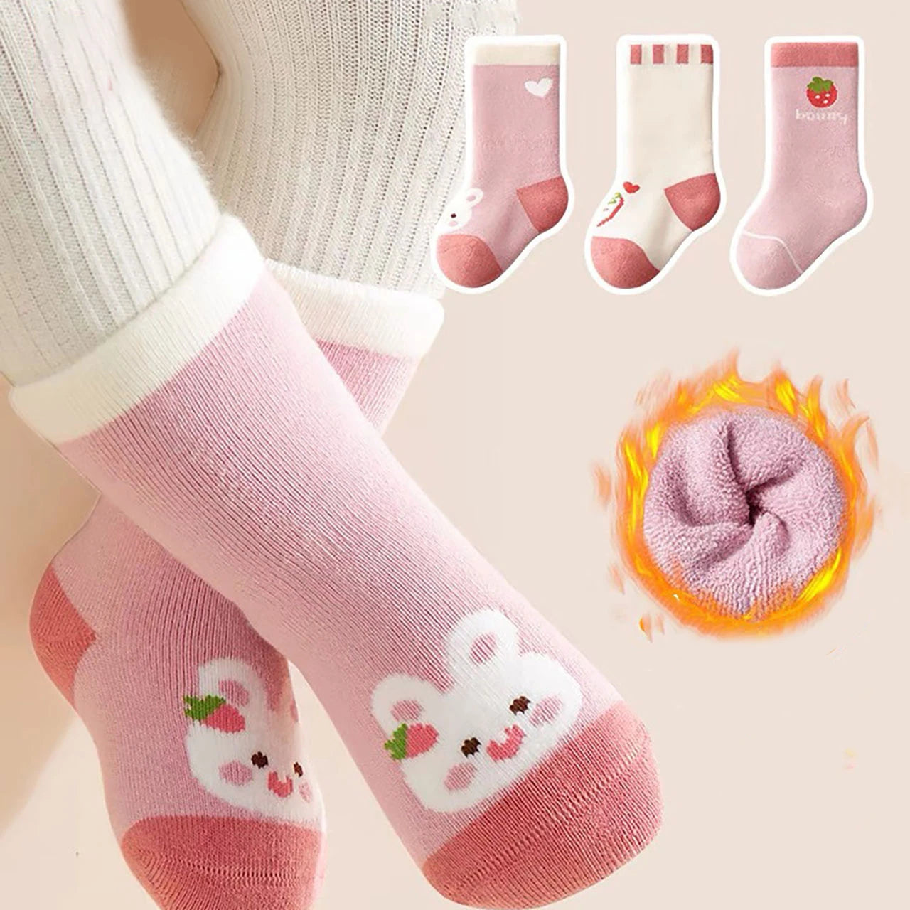 3Pairs Newborn Plush Sock Winter Warm Kids Middle Tube Socks Thicken Velvet Anti-Cold Baby Footwear Cute Cartoon Children Socks