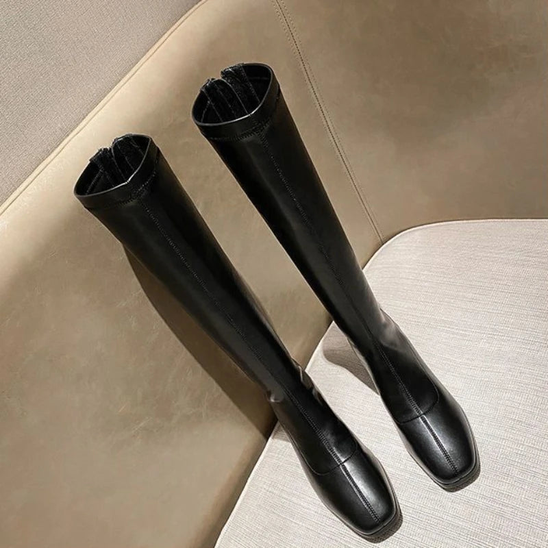 Ladies Boots Elastic Brown Middle Heel Footwear Square Toe Shoes for Women New in Designer Luxury Winter 2025 Novelty Fashion Pu