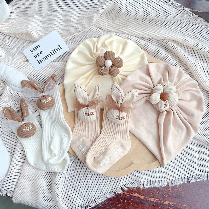 0-12 Months Baby Newborn Turban Cap Socks Set Cute Flower Princess Girl Indian Caps Cartoon Rabbit Ears Cotton Socks Kids Sokken