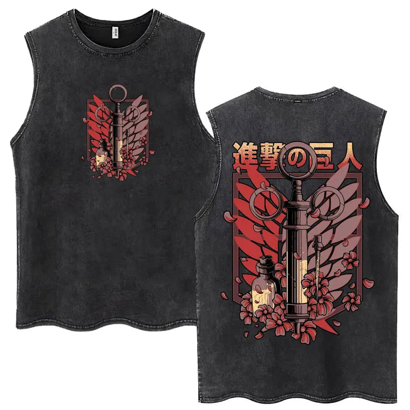 Washed Anime Attack on Titan Vintage Tank Tops Eren Yeager Shingeki No Kyojin Sleeveless T Shirt Men's Cotton Loose Y2k T Shirts