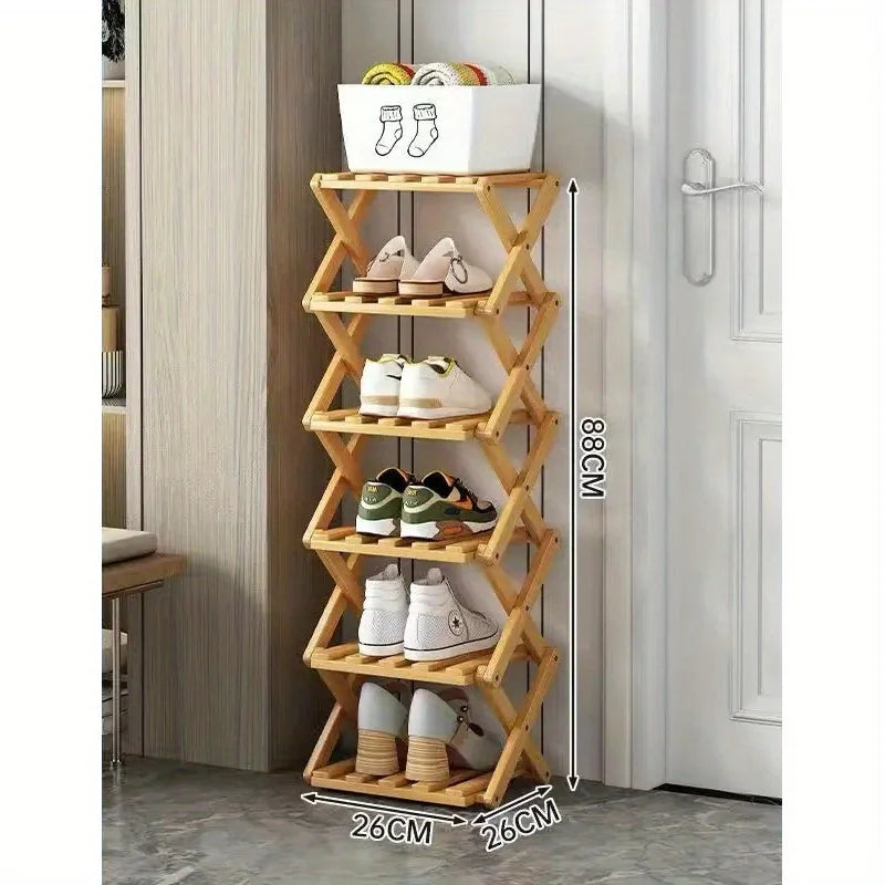 Folding Bamboo Shoe Rack, Multi-Layer Narrow Space Saving Storage Organizer No-Installation Required Shoe Shelf for Small Spaces