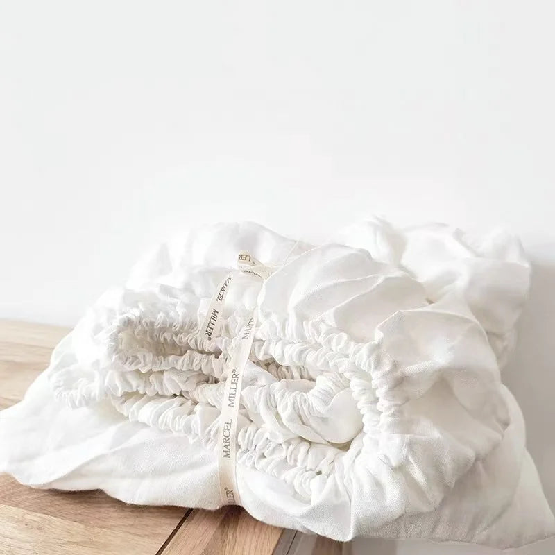 100% Linen Fitted Bed Sheet with Elastic Band Solid Color Anti-slip Adjustable Mattress Cover for Single Double King Queen Bed