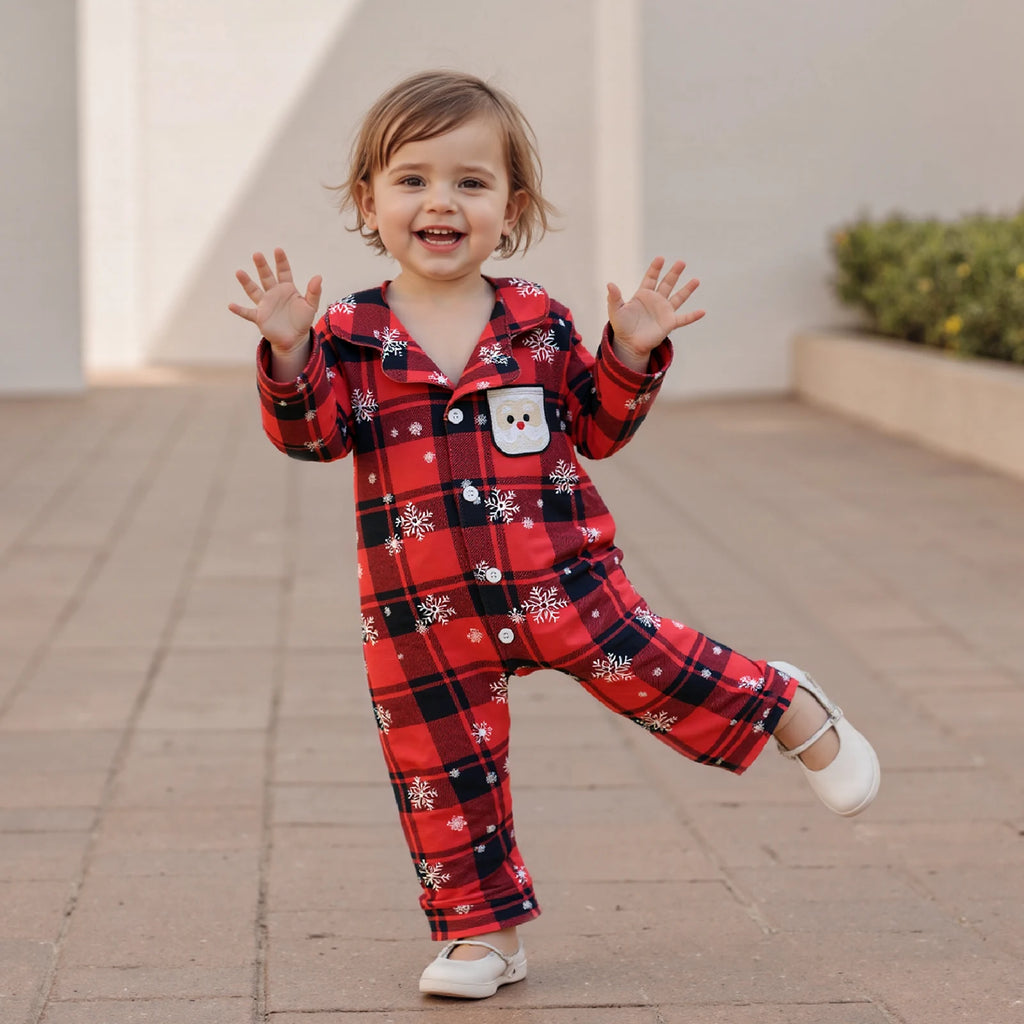 0-18M Newborn Baby Christmas Pajamas Plaid Snowflake Print Button Down Lapel V Neck Long Sleeve Romper