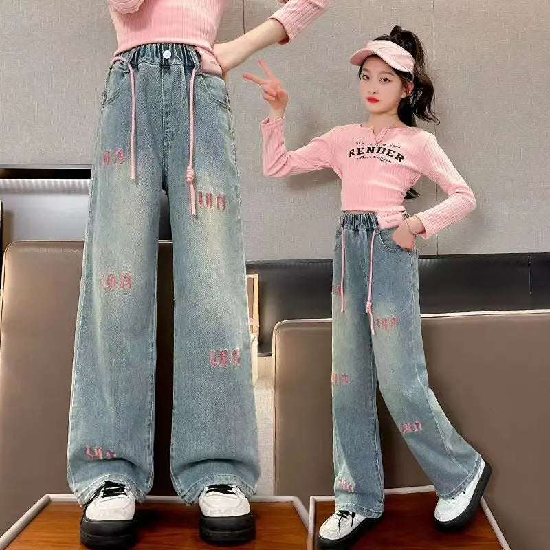 New Girls Letter Jeans Spring Autumn Kids Loose Fashion Casual Trousers Children Temperament Elastic Straight Pants 2-12 Years
