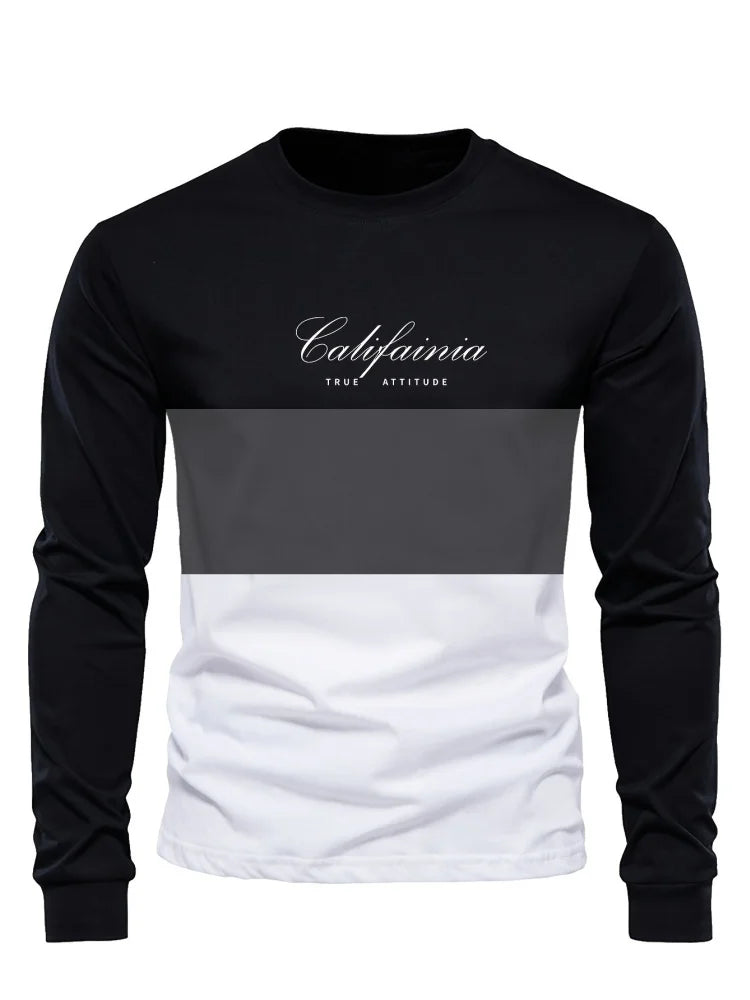 Men's Long Sleeve T-shirt Beige and Black Color-block Design Letter Print Stretchy Autumn Top Casual Basic Long Sleeve Clothing