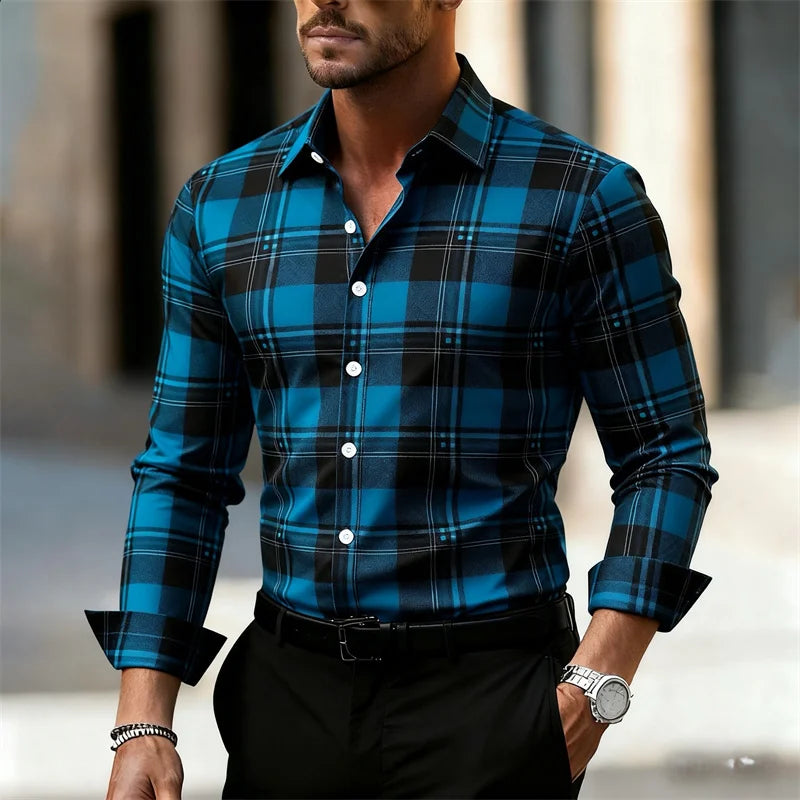 Men's plaid shirt, fashionable and casual street style long-sleeved shirt, men's tops, outdoor daily wear, large sizes XS-6XL