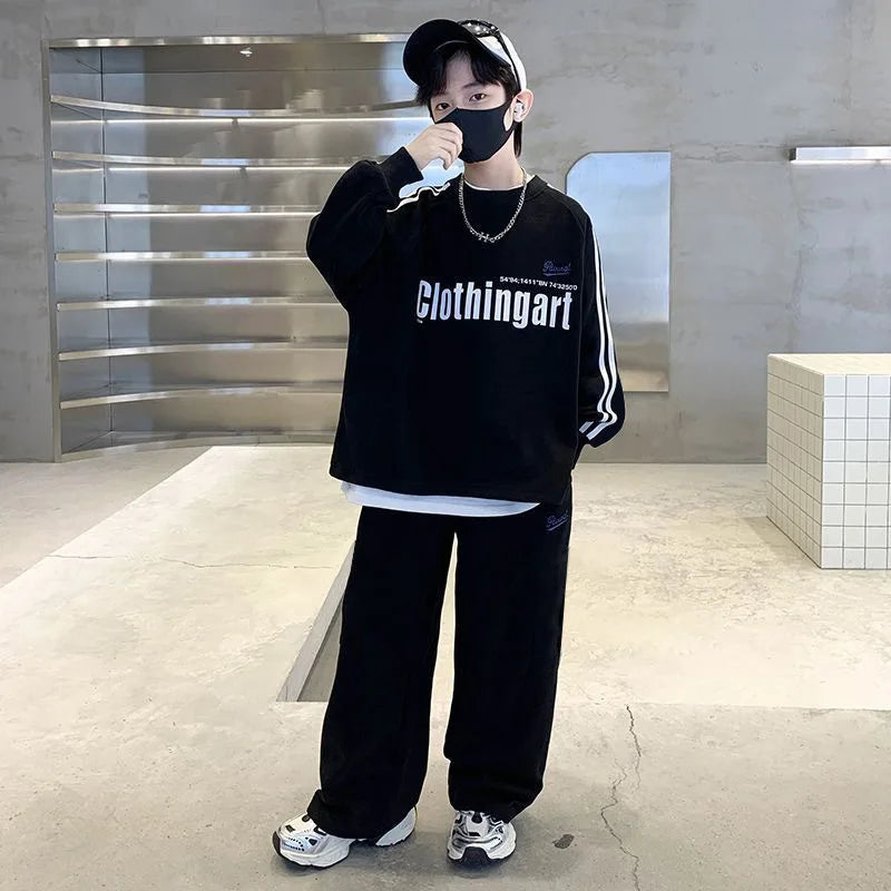 Teenager Boys Autumn Winter Cloth loose striped sweatshirt hooded + wide leg Pants tracksuit 5 8 10 12 Year Child set