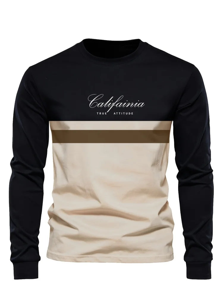 Men's Long Sleeve T-shirt Beige and Black Color-block Design Letter Print Stretchy Autumn Top Casual Basic Long Sleeve Clothing