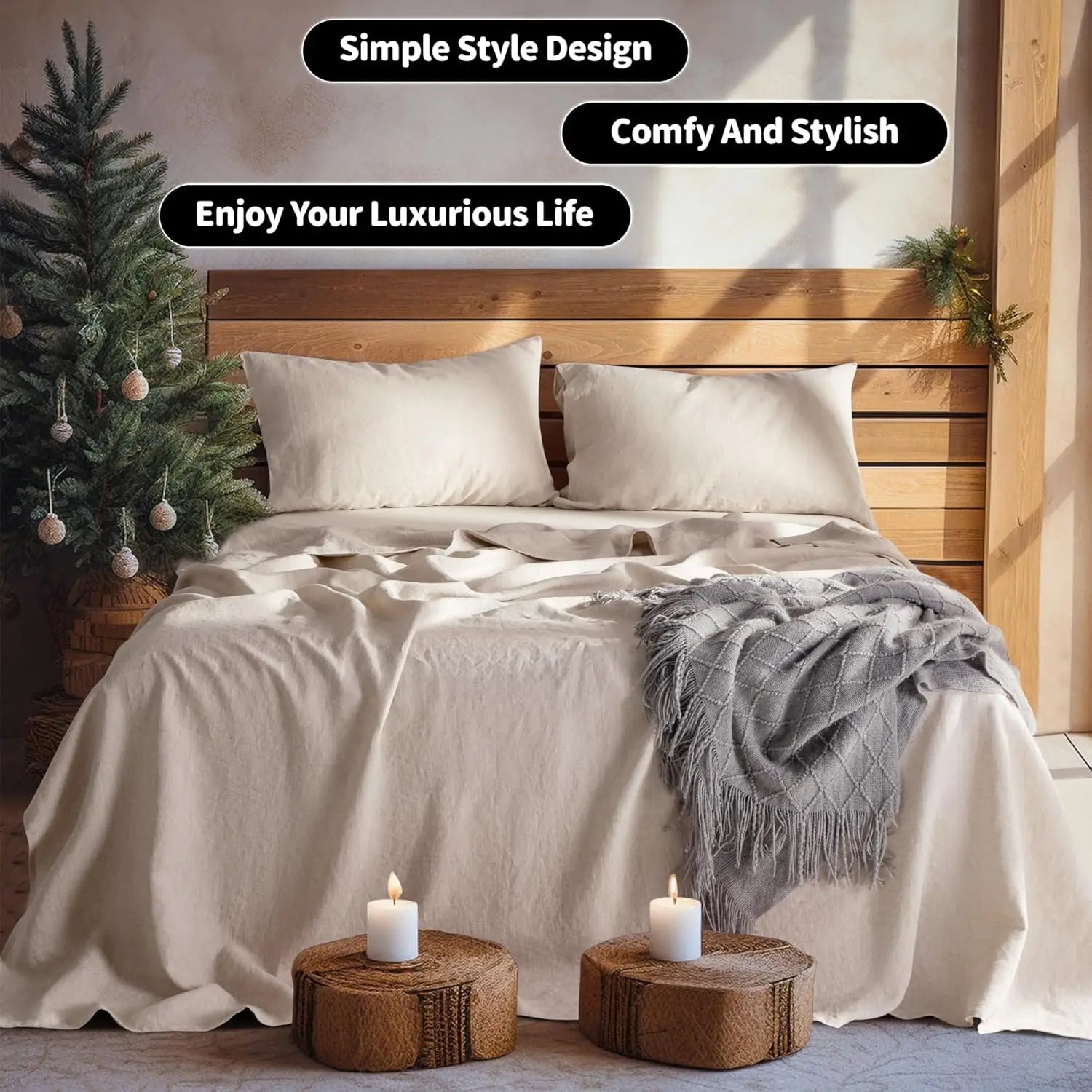 Linen Sheets Set,100% French Stone Washed Pure Linen Bed Sheets, 3 Pieces (1 Flat Sheet, 2 Pillowcase) Suitable for Hot Sleepers