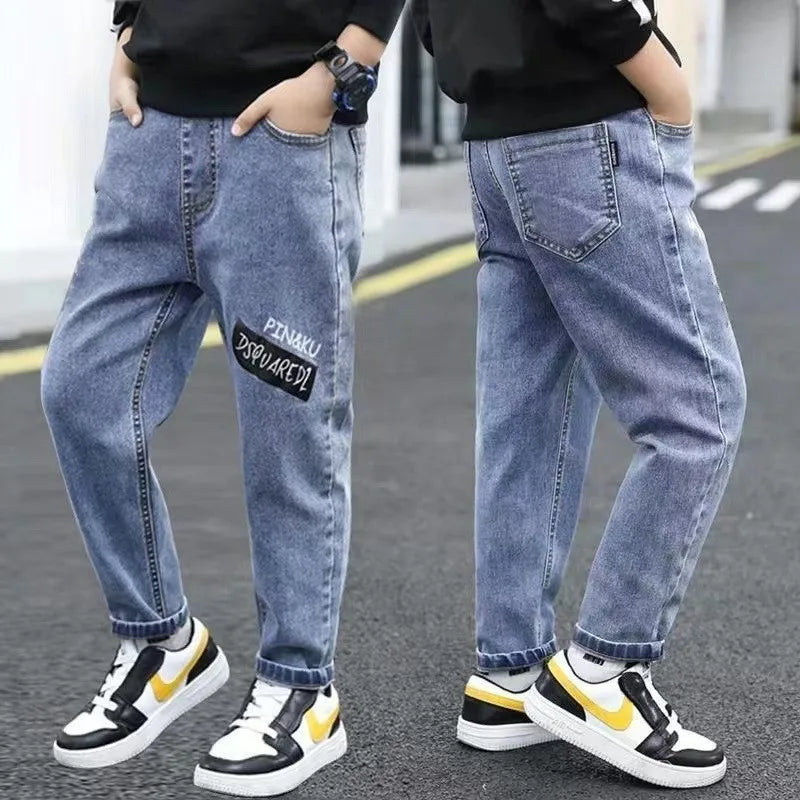 Boys Denim Pants Elastic Waist Trousers Fashion  Letter Print Spring Autumn Teenager Kid Boy Jeans New Casual Clothes 3-12 Years