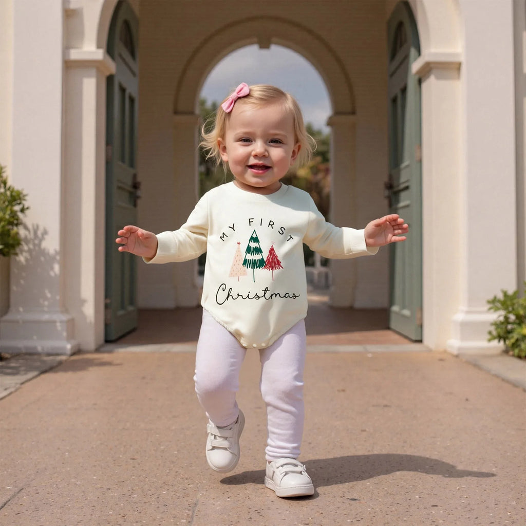 Christmas Infant Baby Rompers Cute Long Sleeve Round Neck Letter Tree Print Jumpsuit