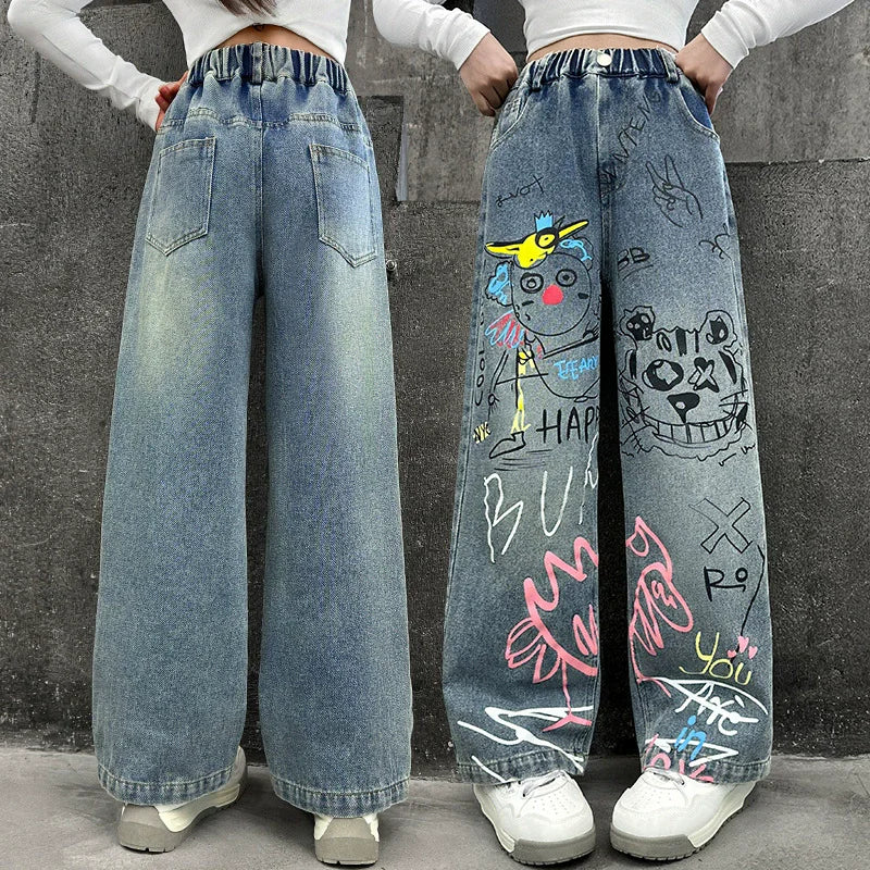 Autumn Teenage Girls Cartoon Graffiti Jeans Junior Kids Casual Wide Leg Trousers Tween Girls Clothing Child Clothes 10 to 12 14Y