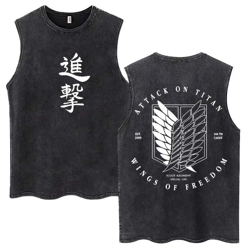 Washed Anime Attack on Titan Vintage Tank Tops Eren Yeager Shingeki No Kyojin Sleeveless T Shirt Men's Cotton Loose Y2k T Shirts