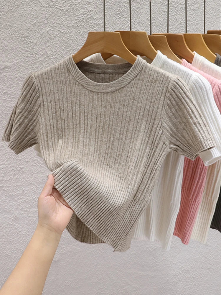 2025 Summer T shirts for Women Casual Female Korean Knit Streetwear Tees Basic Solid Young Cool Tops