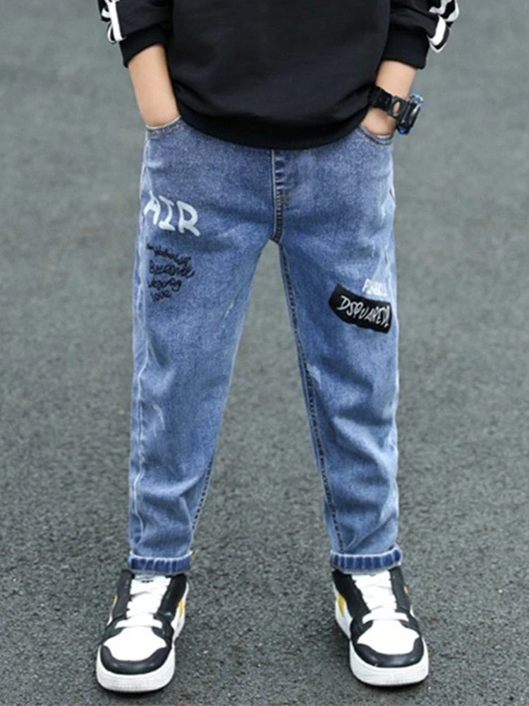Boys Denim Pants Elastic Waist Trousers Fashion  Letter Print Spring Autumn Teenager Kid Boy Jeans New Casual Clothes 3-12 Years