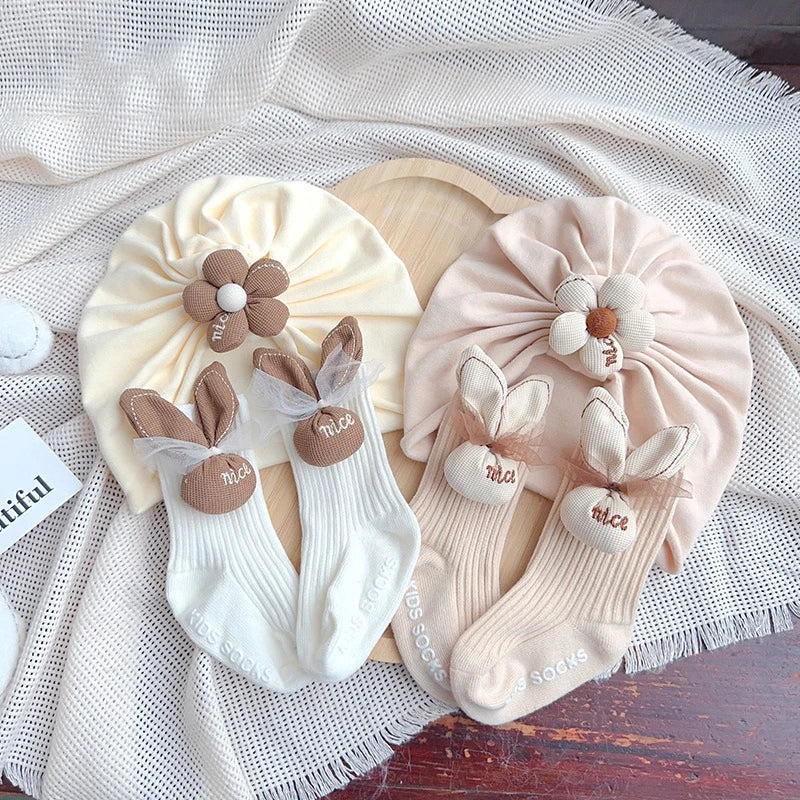 0-12 Months Baby Newborn Turban Cap Socks Set Cute Flower Princess Girl Indian Caps Cartoon Rabbit Ears Cotton Socks Kids Sokken