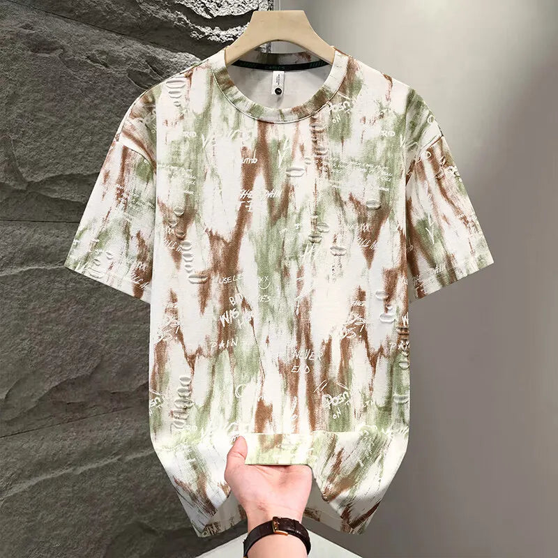 Summer Hot Men Ripped Hole T-shirt Short Sleeved New Loose Casual Round Neck T-shirt Half Sleeved Men Top Trendy