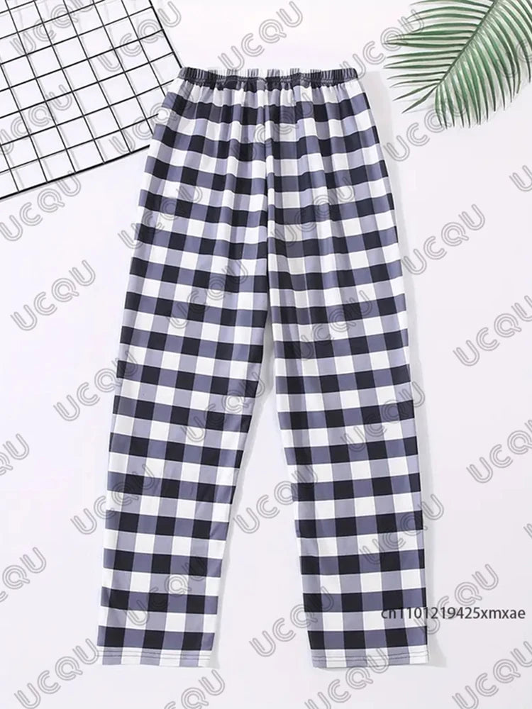 Men's Trousers Tracksuit 2 Piece Outfits Mickey & Minnie Print Tshirt+Plaid Pajamas Pant Set Couple Casual Suit Oversize Clothes