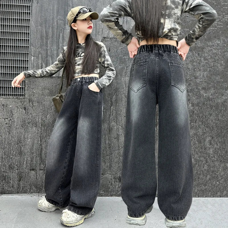 Teenage Child Vintage Straight Fit Black Jeans for Tween Girl Casual Gradient Denim Pants Kids New Fashion Jeans Trousers 4-14Y