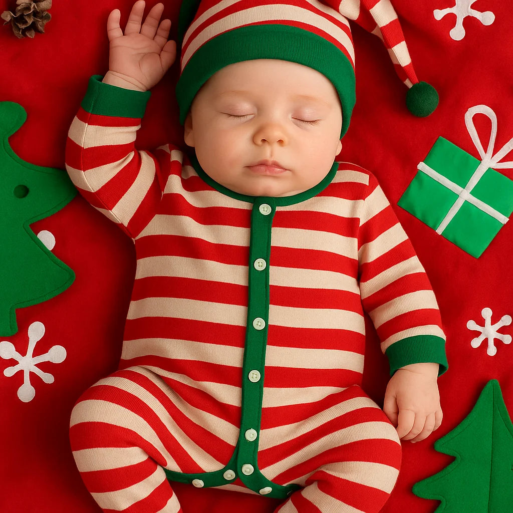 2025 Christmas Costumes Baby Boys Girls Romper Clothes Set 2 Pcs Cotton Striped Jumpsuit+Hat Infant Bodysuit For Newborn Onesies