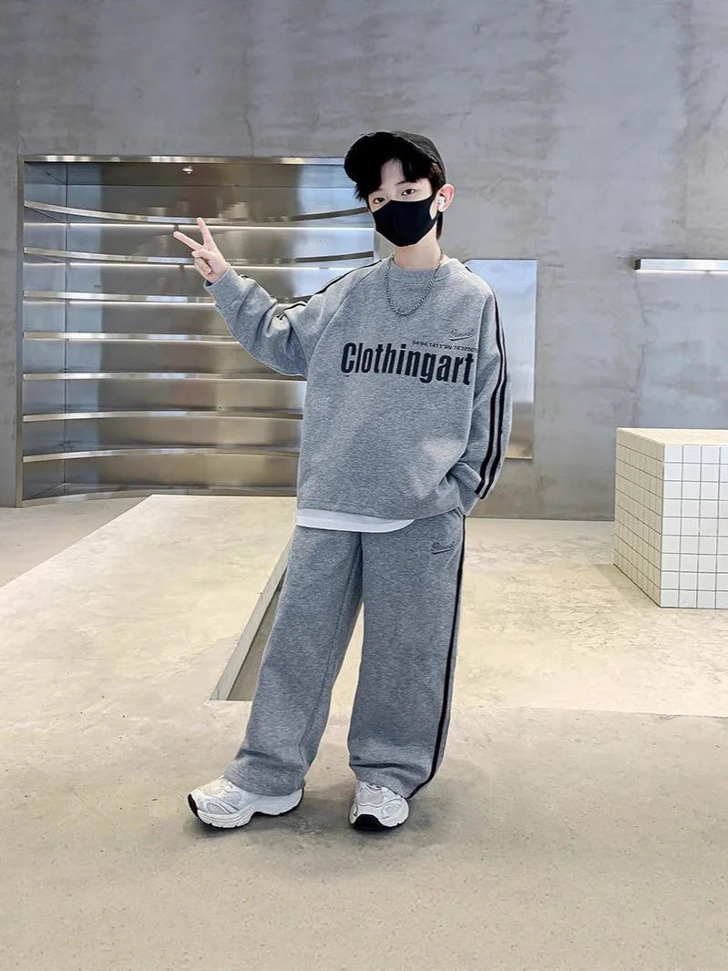 Teenager Boys Autumn Winter Cloth loose striped sweatshirt hooded + wide leg Pants tracksuit 5 8 10 12 Year Child set