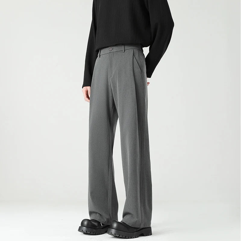 Autumn New Men's Black Gray Suit Pants Loose Straight Drape Solid Color Elastic Business Work Casual Trousers Fashion Clothing