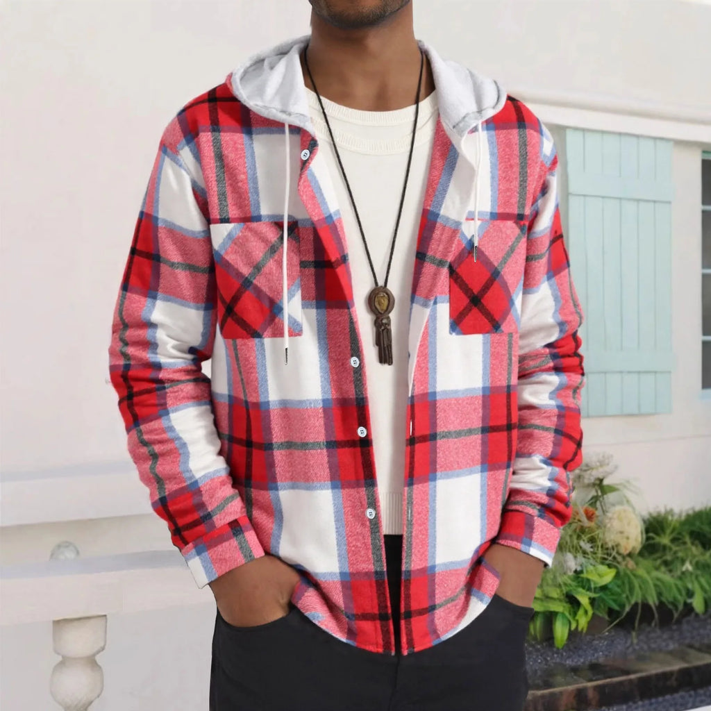 Men's Hooded Plaid Long Sleeve Shirt Jacket Casual Fashion Outerwear for Fall & Winter