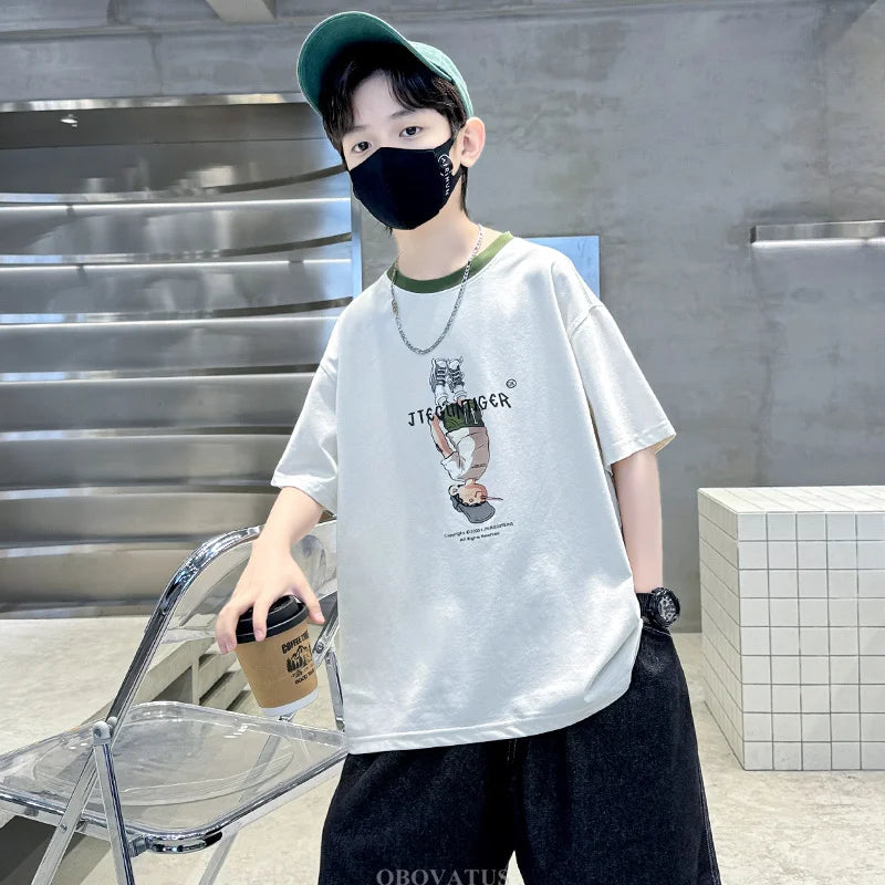 Summer Tees Tops for Teen Boy Cotton T-Shirt New Short Sleeve Fashion Cartoon Tshirts for Children Korea Kids Luxury Clothes
