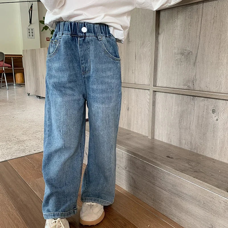 Childrens Jeans Good Fit High-quality Girls Autumn Fashionable and Versatile Washed Elastic Retro Straight Leg Jeans