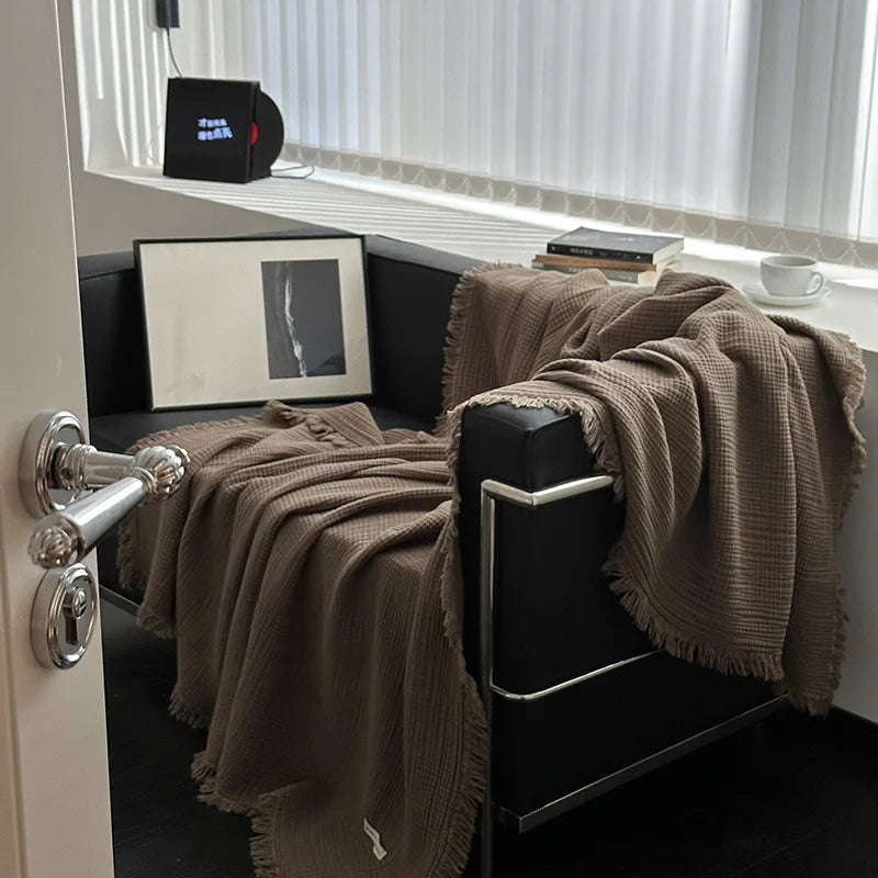 1PC Blanket 100% Cotton Sofa Towel Tassels Bed Solid Color Shawl Skin-friendly Plaid Blankets for Travel Home Bed Sofa Office