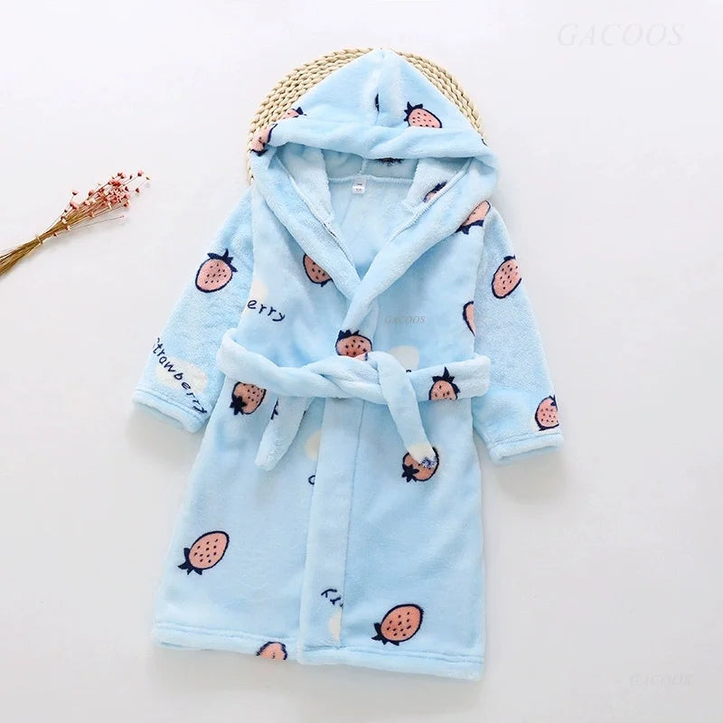 2025 Kids Hooded Flannel Bathrobe Baby Bath Bear Printed Robes Boys Girls Cute Cartoon Soft Warm Pajamas Long Sleeve Towel Robe