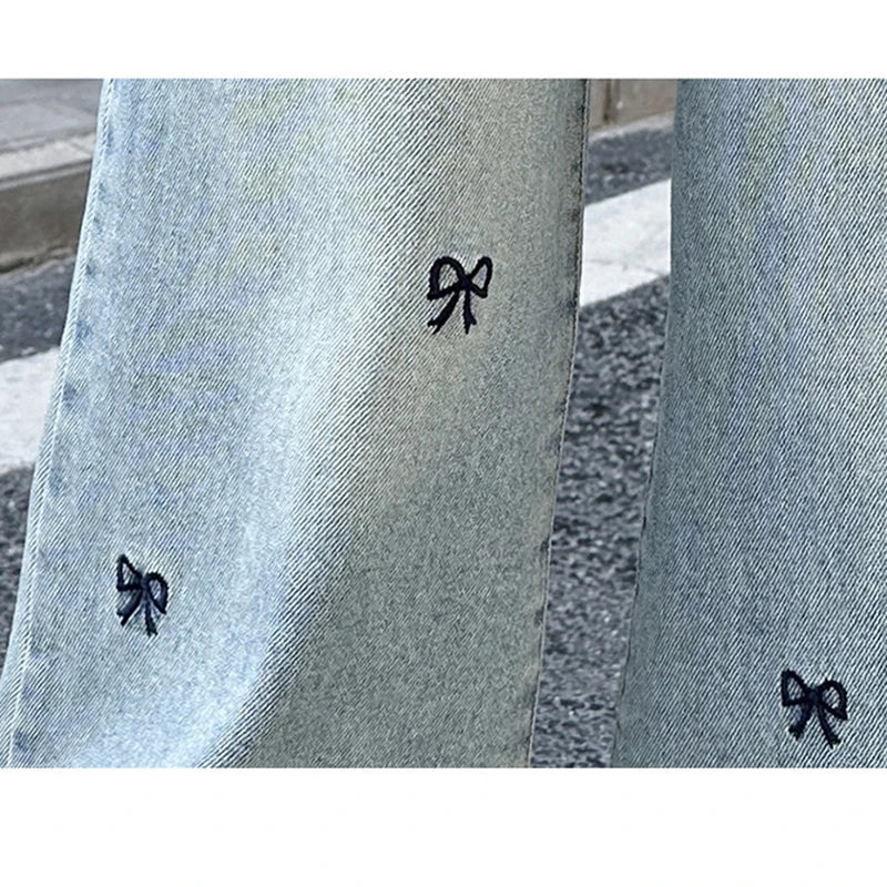 New 4-14 Years Spring Autumn Teenage Girls Jeans Full Print Bow Embroidery Fashion Wide-leg Denim Pants For Kids