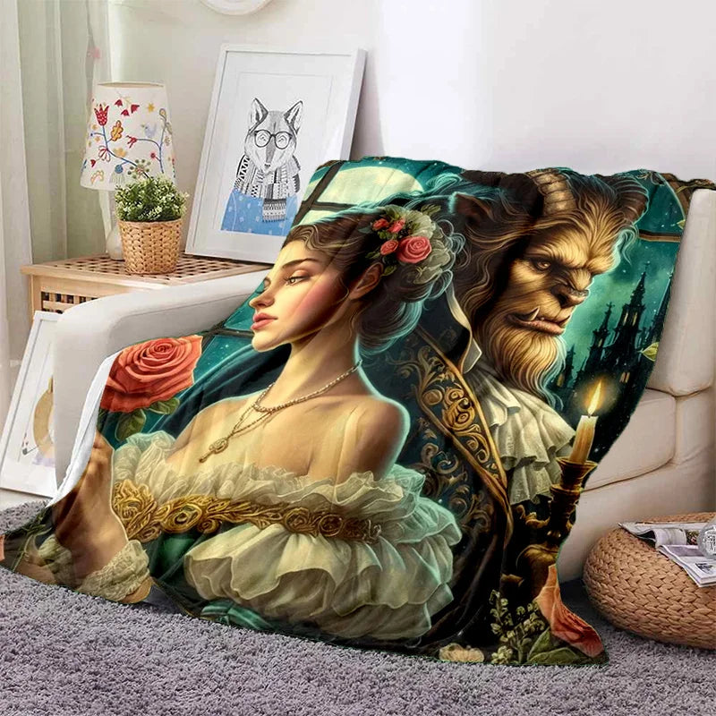 Lovely Beauty and The Beast Cartoon Soft Blankets,Keep Warm Throw Blanket Comfortable Blanket for Picnic Beds Sofa Home Bedroom