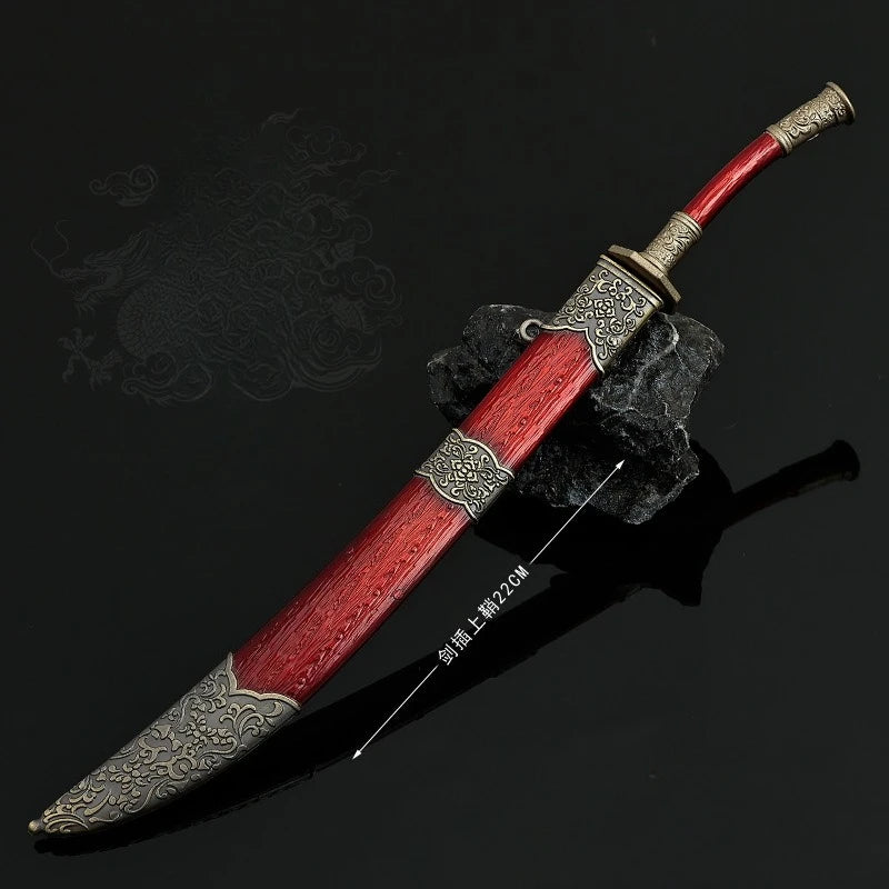 22cm/8.66in Qing Dynasty Model Metal Handicraft Ornament Red Oxtail Knife with Sheath Desktop Display Peripherals Gifts for Boys