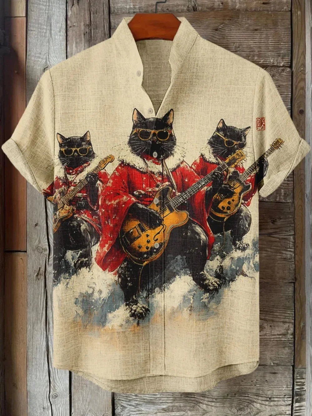 Men's Fashionable Black Cat Retro Print Shirt Short Sleeved Stand up Collar Cardigan Summer Casual Breathable Men's Clothing