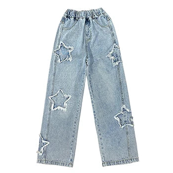 Spring Autumn Teenager Girls Denim Wide Leg Pants Children Trousers New Fashion Star Pattern Girls Jeans 5-14 Years Kids Clothes