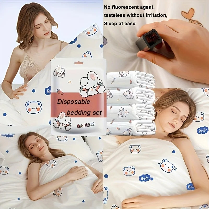 3PCS Disposable Bed Sheet Set Non-Woven Travel Bedding  Hypoallergenic Pillowcase & Fitted Sheet for Hotel, Camping