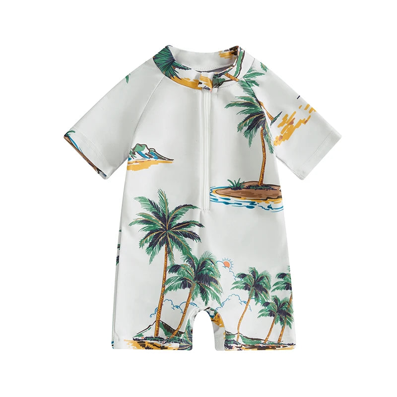 Summer Toddler Infant Baby Boys Girl Rash Guard Swimsuit Coconut Tree Print Short Sleeve Mock Neck Zip Bathing Suit