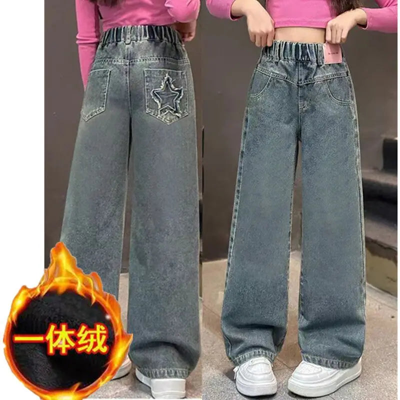 3-14 Years Teenage Pants For Girls Roupa Infantil Menina Winter Fleece Children Jeans Kids Denim Trousers Girls Clothing