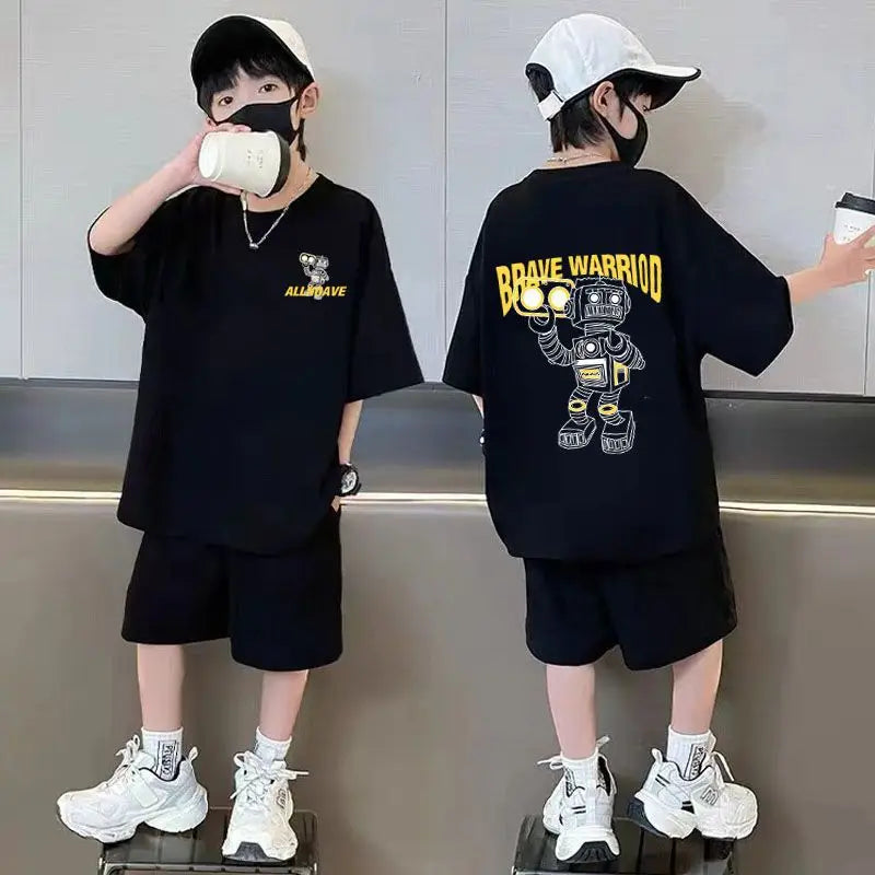 2025 summer Teens Boys Clothes set Outfit Kid robot fashion Tracksuit Child t-shirt top + solid shorts pant 4 7 8 10 12 14 Year