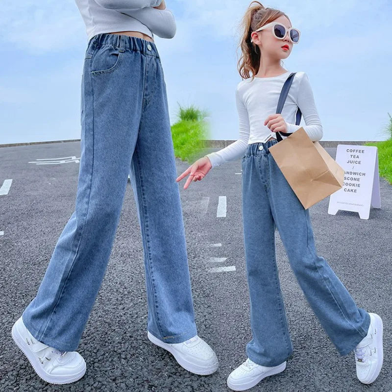 Teenage Girls Jeans 2025 Spring Autumn Casual Fashion Loose Blue Kids Leg Wide Pants School Children Trousers 6 8 10 12 Year