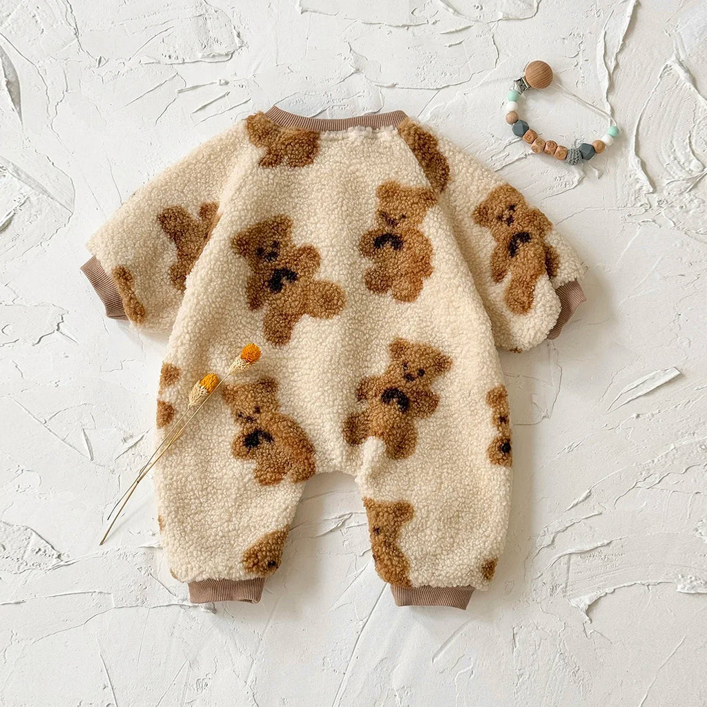 Lamb Fleece Cute Bear Printed Baby Jumpsuit Winter Newborn Baby Girls Boys Long Sleeve Crawling Suit