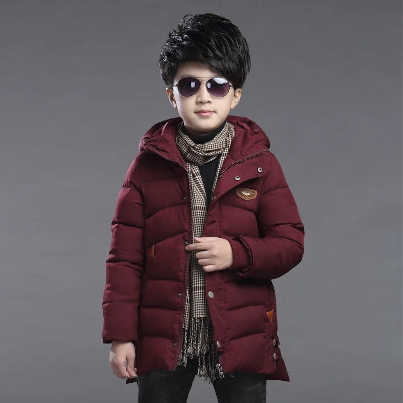 Winter New Teen Boys Jacket Long Style Solid Color Thick Keep Warm Hooded Outwear For 5-14 Years Kids Down Cotton Windbreaker