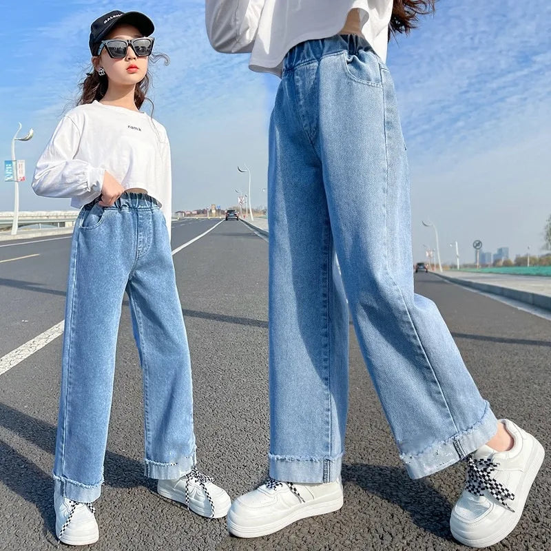 Girls Jeans spring autumn Casual Loose Side Gradient Color Young Children hole Wide Leg Pants3-12Years Teen School Kids Trousers