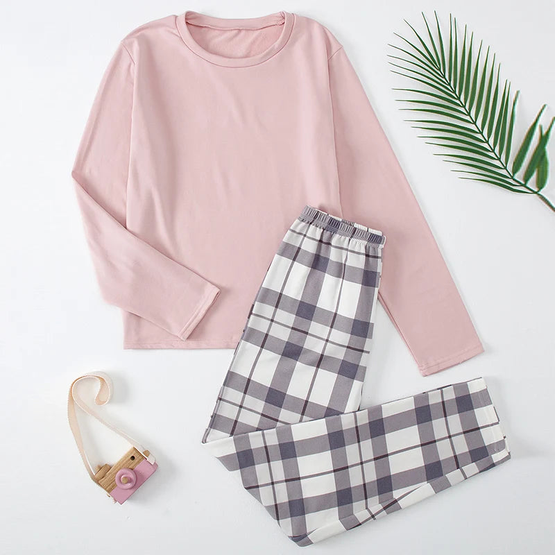 14+ Teen Solid Color T-shirt Plaid Trousers Home Service Girl Round Neck Pajamas Junior High School Boy Leisure Suit Spring And