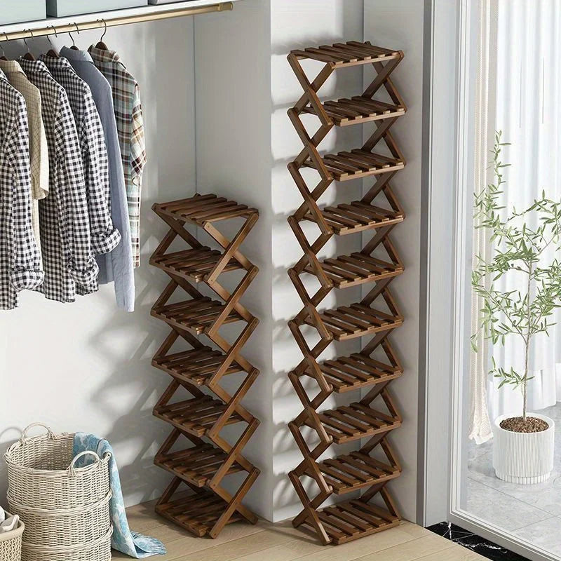 Folding Bamboo Shoe Rack, Multi-Layer Narrow Space Saving Storage Organizer No-Installation Required Shoe Shelf for Small Spaces
