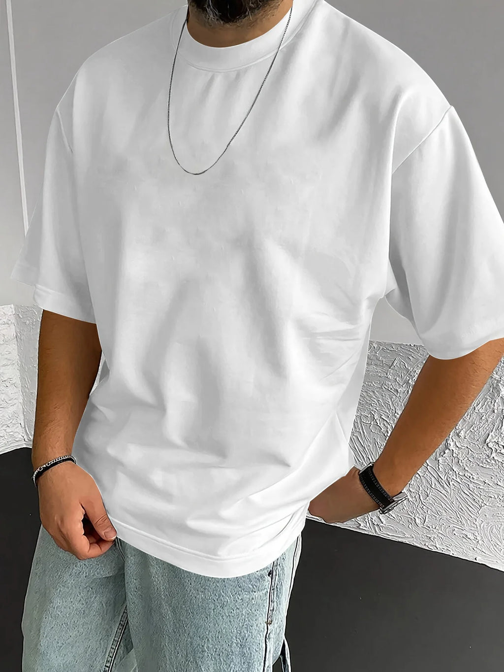 Men's lightweight heavy breathable short-sleeved T-shirt pure white round neck casual wear comfortable base shirts