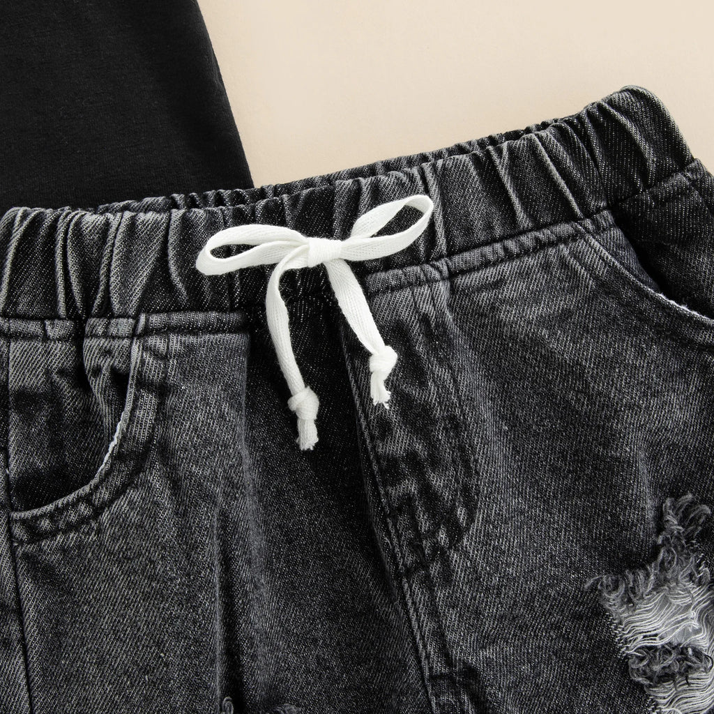 Summer Infant Baby Boys 2 Pieces Outfits Solid Color Round Neck Short Sleeve T-Shirt Tops + Ripped Jeans Denim Pants Set