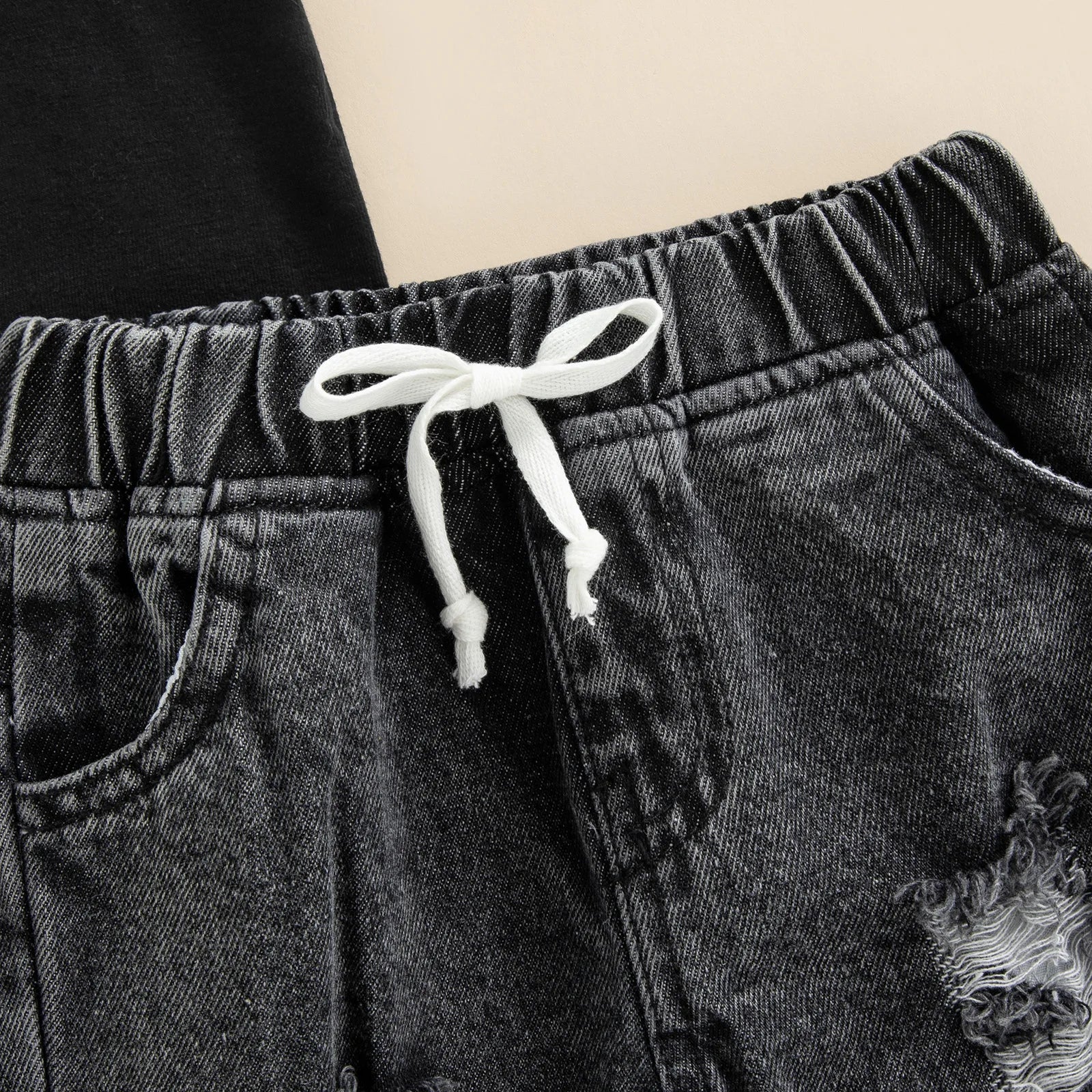 Summer Infant Baby Boys 2 Pieces Outfits Solid Color Round Neck Short Sleeve T-Shirt Tops + Ripped Jeans Denim Pants Set